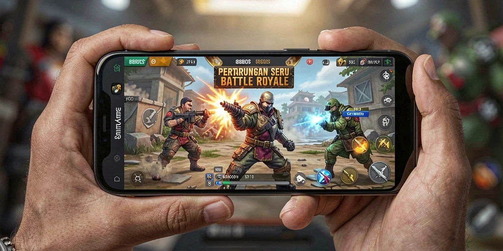 Screenshot menunjukkan pemain beraksi dalam pertarungan Battle Royale yang intens.