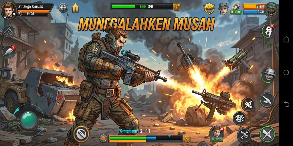 Screenshot gameplay dari 8HHH menunjukkan strategi pertempuran yang intens.