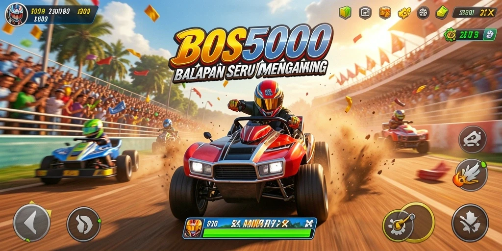 Screenshot utama menunjukkan mobil balap di lintasan yang menegangkan.