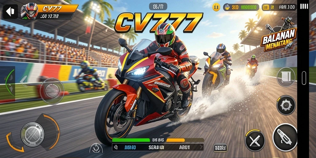 Tampilan gameplay CV777 menampilkan aksi balapan motor yang seru dan mendebarkan.
