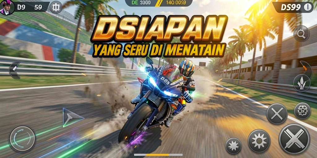 Screenshot DS99 menampilkan balapan motor yang intens dan menarik.