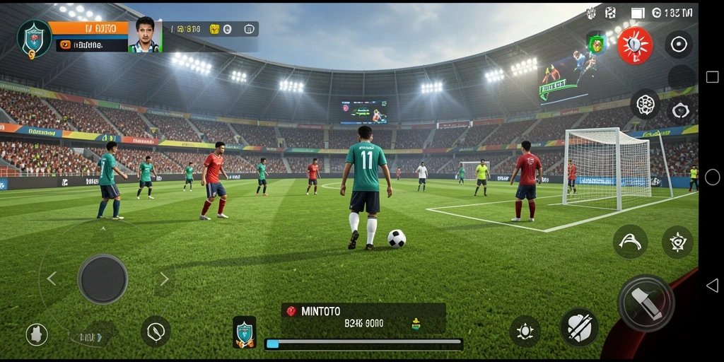 Tampilan utama gameplay MINTOTO dengan aksi sepak bola yang seru.