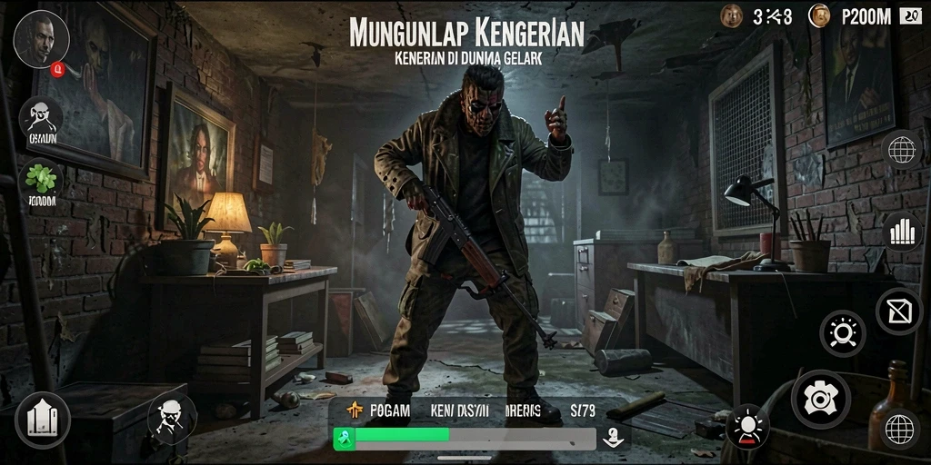 Screenshot menunjukkan gameplay menegangkan di dunia gelap P200M.