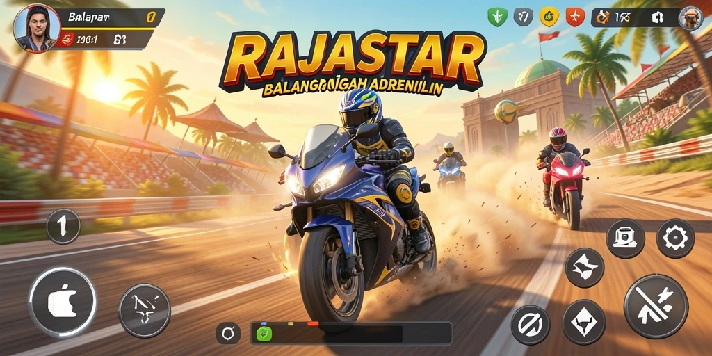 Screenshot gameplay RAJASTAR menampilkan balapan motor yang mendebarkan.