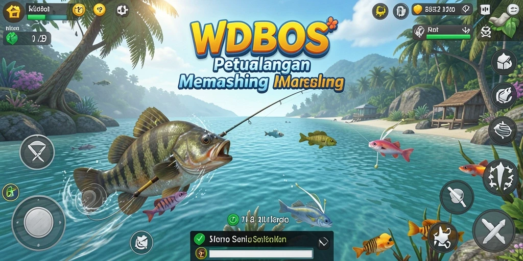 Tampilan gameplay WDBOS dengan pemandangan memancing yang indah.
