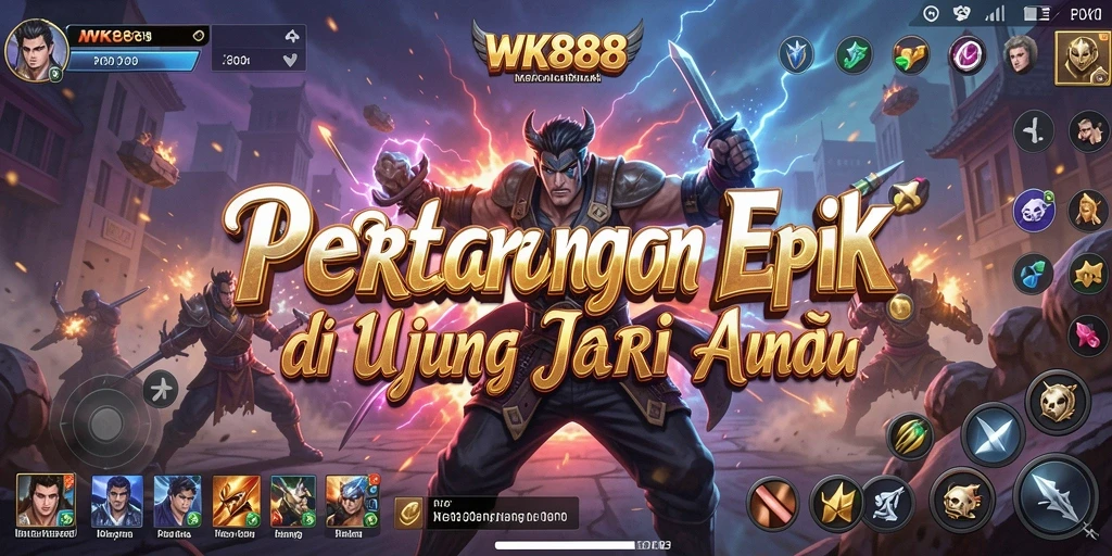 Screenshot utama WK888 menampilkan aksi pertarungan intens dan karakter dengan efek visual menawan.